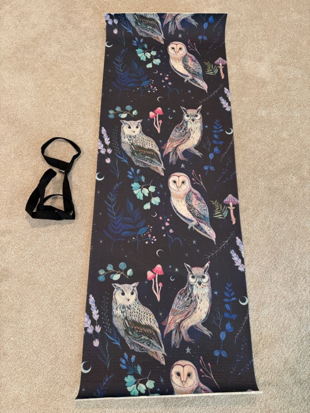 Society6 Owl and Mushroom Yoga Mat with Strap